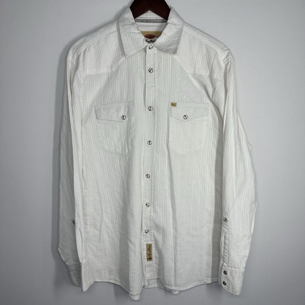 Larry Mahan Men's Embroidered White Pearl Snap Medium Cowboy Button Down White
